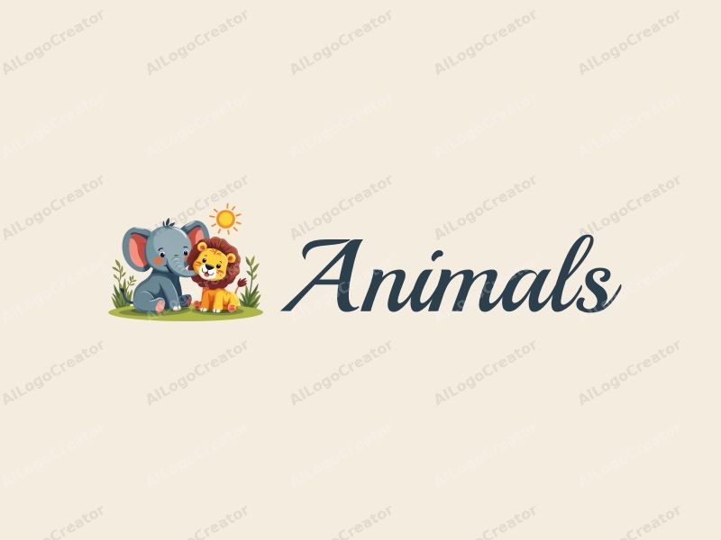 playful design features a baby elephant and a baby lion in a vibrant, colorful setting, incorporating elements of wildlife and education, with a clean and harmonious composition.