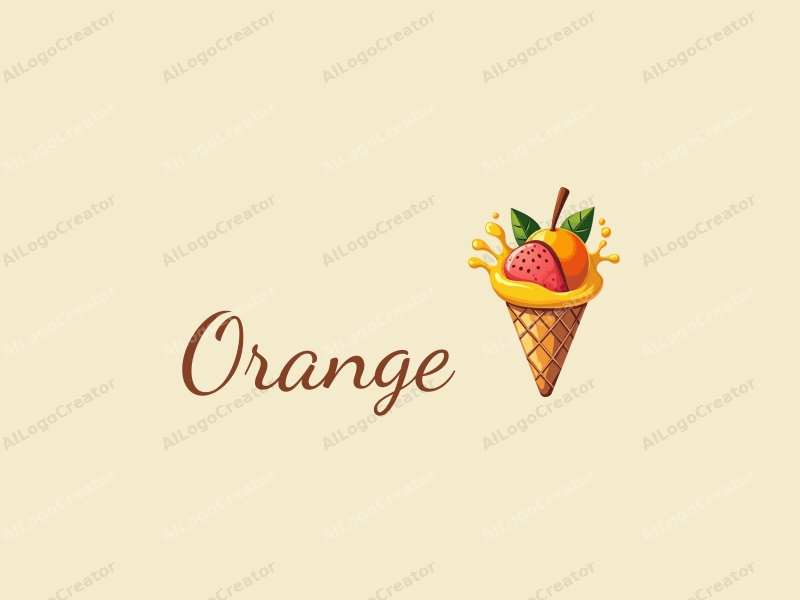 playful design features a stylized orange, a splash of juice, and a whimsical ice cream cone with tropical fruits, combined with a clean background.