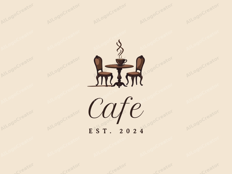 vintage design features a stylized coffee cup, antique table, and chairs, combined with a clean background.