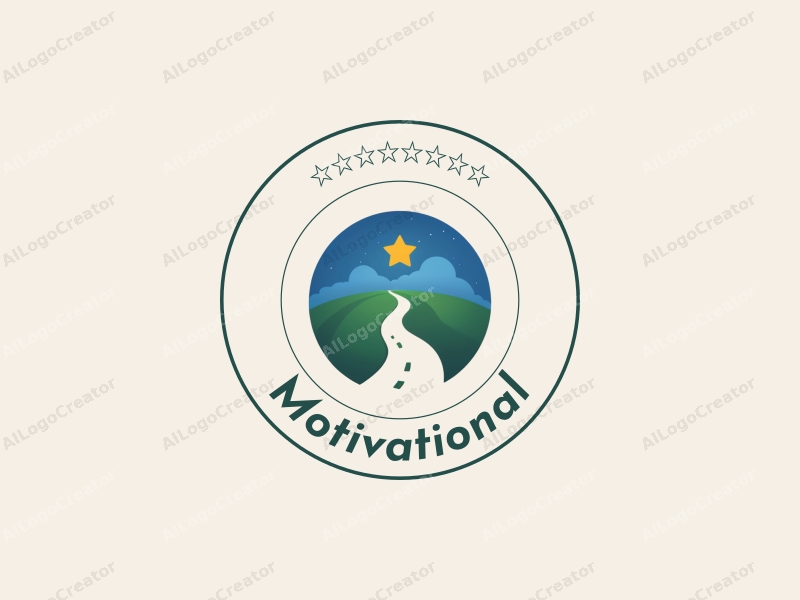 a modern minimalist design featuring a stylized road leading towards a starry sky, incorporating blue and green colors to evoke a sense of motivation and encouragement, with a clean and harmonious background.