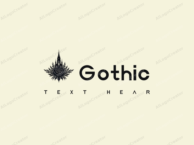 Gothic design features intricate Gothic architecture, a stylized spire church silhouette, and elements of Gothic fashion combined with a black rose, all set against a clean background.