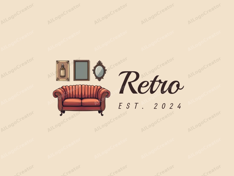 vintage design features a retro sofa, a vintage poster, a spice bottle, and an antique mirror combined with a clean background.