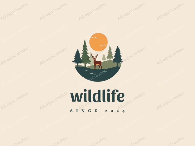 playful design features stylized trees and deer in a natural landscape, incorporating wildlife elements with a clean background and harmonious composition.