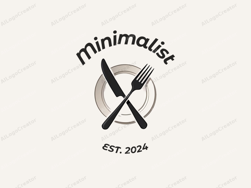 minimalist design features a stylized fork and knife crossed over a simple plate, with clean lines and a balanced composition, set against a white background.