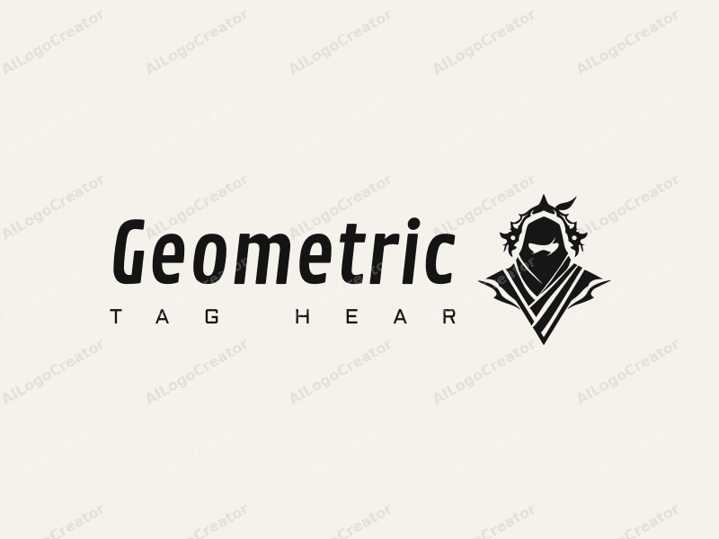 geometric design features a stylized ninja silhouette integrated with square and circular shapes, combined with tattoo-inspired elements, set against a clean black and white background.