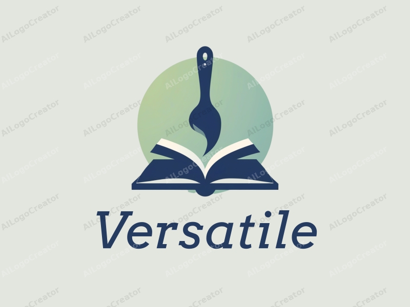 a modern minimalist design featuring a stylized paintbrush and an open book, incorporating multifunctional and adaptable elements, combined with a clean background in blue and green tones.