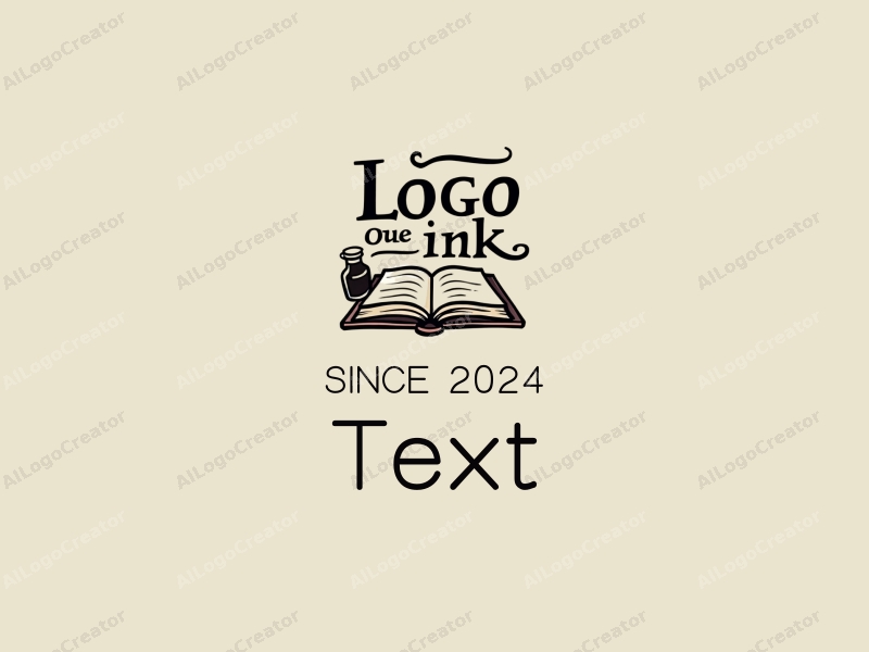 modern design features stylized text and font, an open book, and an ink bottle, combined with a clean background.