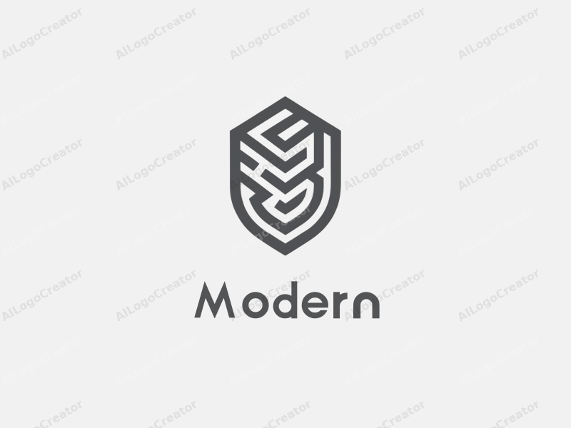 a modern minimalist design featuring a stylized shield intertwined with a maze pattern, utilizing a clean and simple composition with a white and gray color palette.