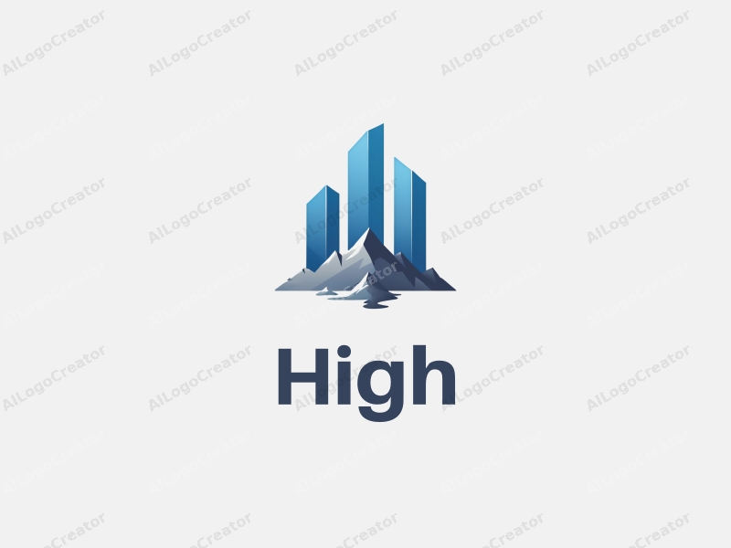 a modern minimalist design featuring towering skyscrapers and mountain peaks, utilizing blue and gray colors, combined with a clean background and simple geometric shapes.