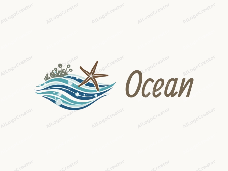 a modern design featuring stylized waves, marine life such as a starfish and pearls, combined with a clean background for a harmonious and simple composition.