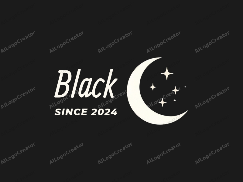 minimalist design features a simple silhouette of a crescent moon and scattered stars against a black background, creating a serene and elegant atmosphere.