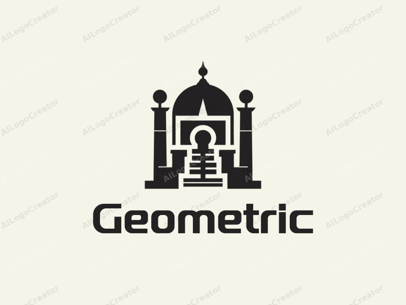 geometric design features a harmonious combination of squares and circles, stylized columns and a dome, with a clean black and white color scheme, creating a simple and modern aesthetic.