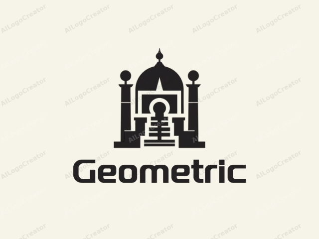幾何学的デザインは、四角形と円形の調和的な組み合わせ、スタイライズされた柱とドームを特徴とし、クリーンなブラックアンドホワイトの配色で、シンプルでモダンなアートを作り出します。