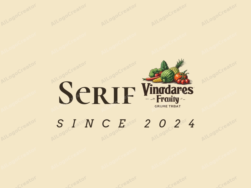 vintage design features elegant serif fonts, stylized illustrations of vegetables and fruits, combined with a clean background.