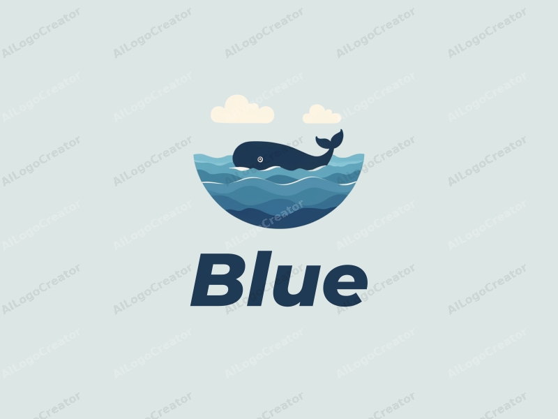 minimalist design features a stylized whale swimming through a clean blue ocean, with soft clouds floating in a clear sky, creating a harmonious and simple composition.