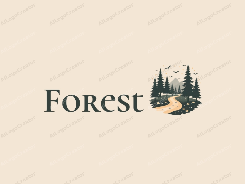 vintage design features a serene forest landscape with stylized trees, scattered leaves, and a winding pathway, combined with a clean background.