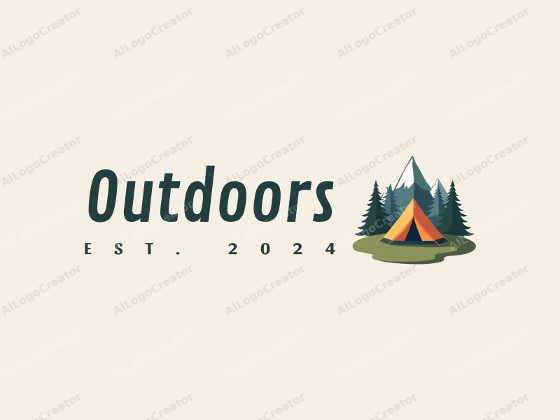 modern design features a stylized camping tent and mountain peak, combined with a clean background and a harmonious composition.