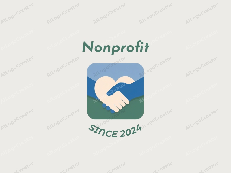 modern design features a stylized heart and handshake symbolizing charity and volunteerism, combined with a clean background in blue and green tones.