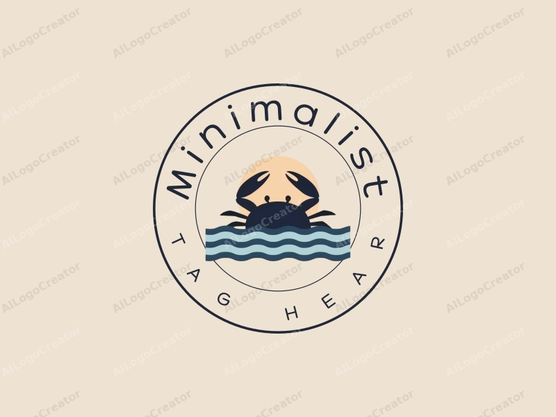 minimalist design features simple waves and a stylized crab, combined with a tag style approach and a clean background.