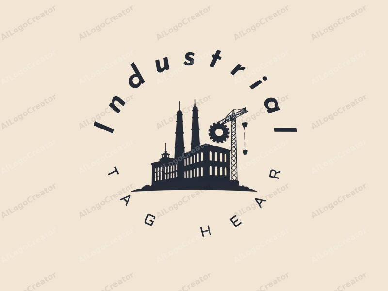 modern design features a stylized factory silhouette, interlocking gears, and a crane, combined with a clean background.