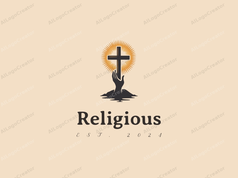 vintage design features a stylized cross, a glowing halo, and a hand reaching towards the cross, combined with a clean background.