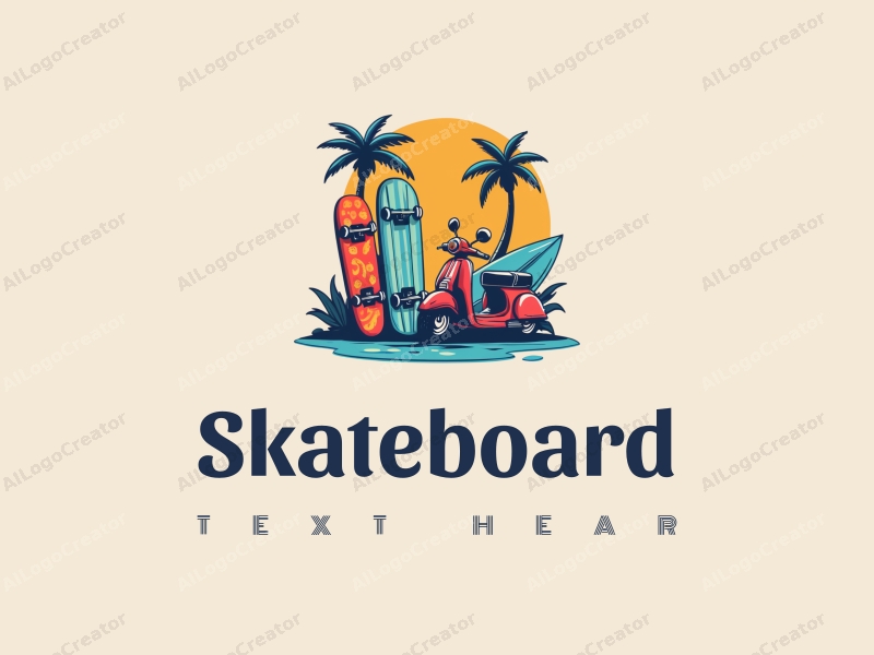 playful design features vibrant skateboards, stylized scooters, and surfboards, combined with a clean background and a fun, energetic composition.