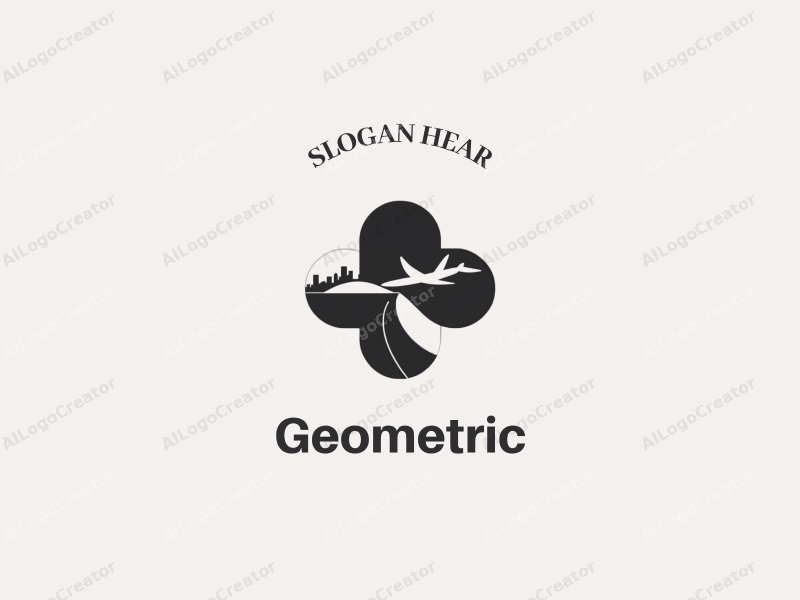 geometric design features a combination of squares and circles, a stylized glider, and an office silhouette, all integrated with a clean black and white background.