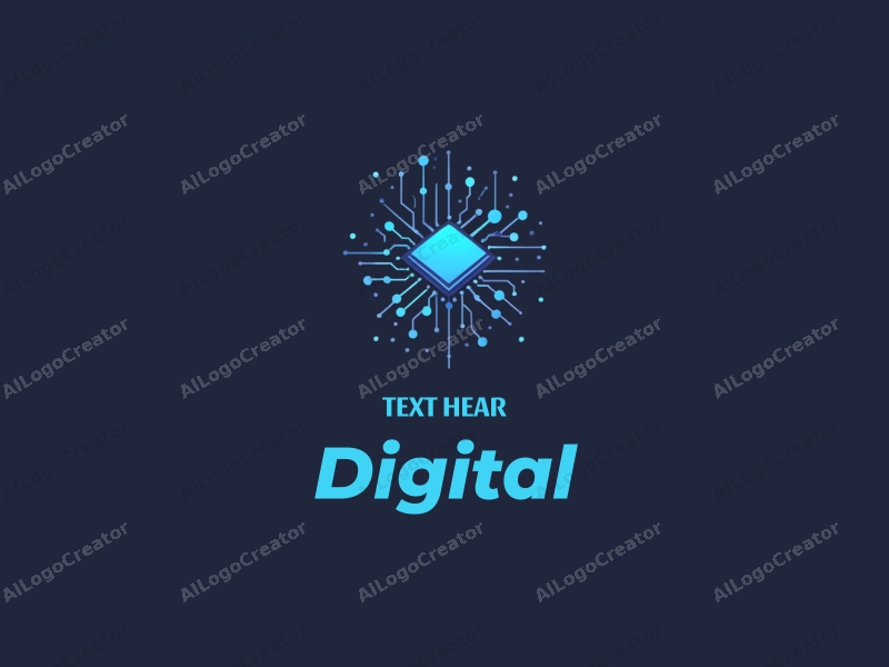 a modern minimalist design featuring digital elements like a stylized chip and network connections, combined with a clean background in blue and black colors.