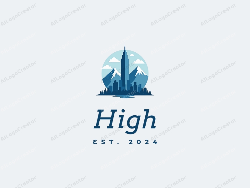 a modern design featuring a towering skyscraper silhouette against a backdrop of majestic mountains, utilizing a clean and minimalist approach with a blue color palette.