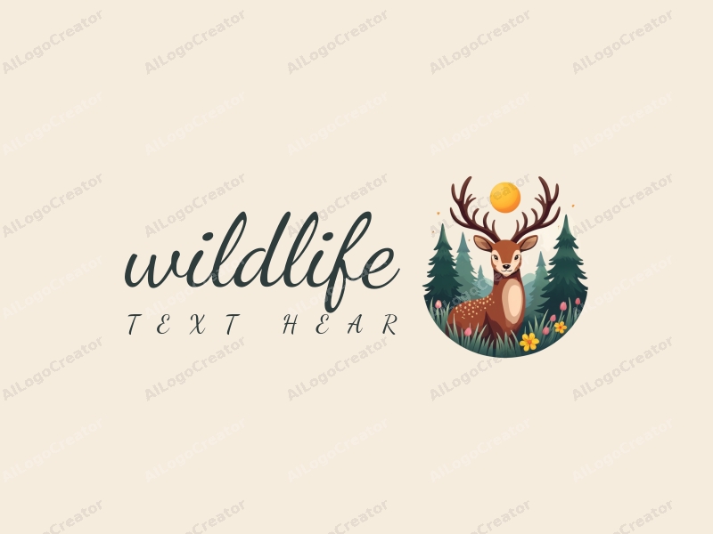 playful design features a stylized deer amidst a vibrant forest, incorporating elements of wildlife and nature, with a clean background and harmonious composition.