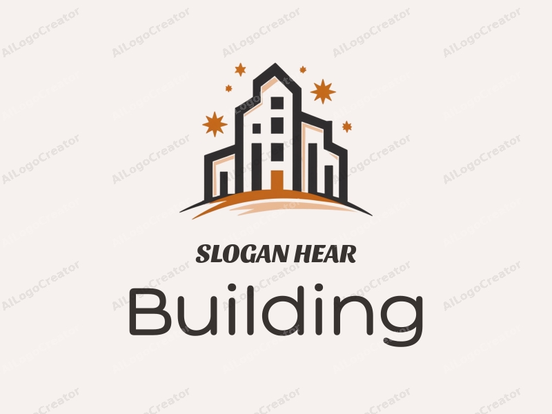 modern design features a stylized building structure, integrated with star and rectangle elements, utilizing a clean and simple composition.