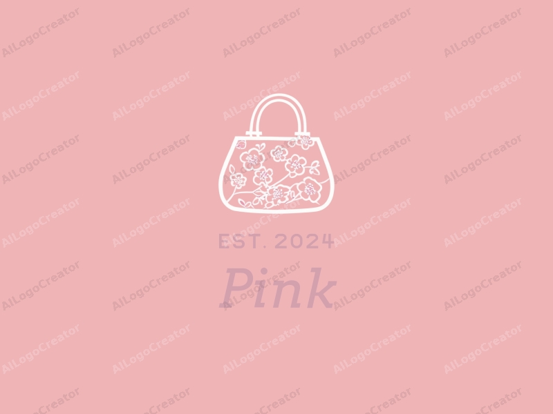 minimalist design features delicate cherry blossoms intertwined with a stylized handbag silhouette, combined with a clean pink background.