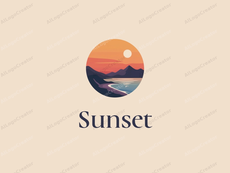 vintage design features a stylized sunset over a serene coastline with mountains in the background, using a harmonious blend of orange and purple colors, combined with a clean and simple layout.