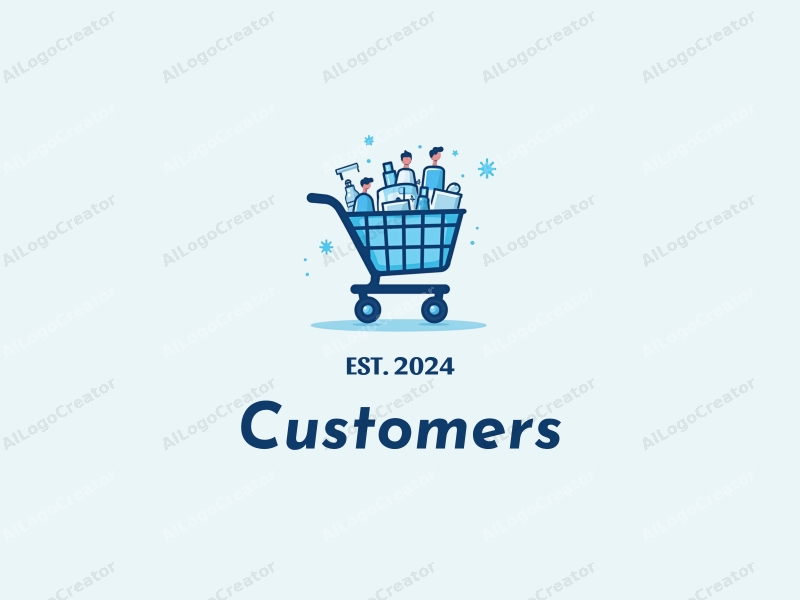 a modern design featuring a stylized shopping cart filled with products, accompanied by abstract representations of customers and shoppers, utilizing a clean and simple composition with a blue color palette.