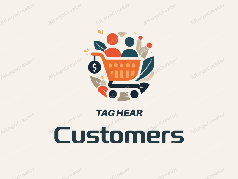 a modern design featuring a stylized shopping cart and price tag, combined with abstract representations of customers and shoppers, using a clean background and harmonious composition.