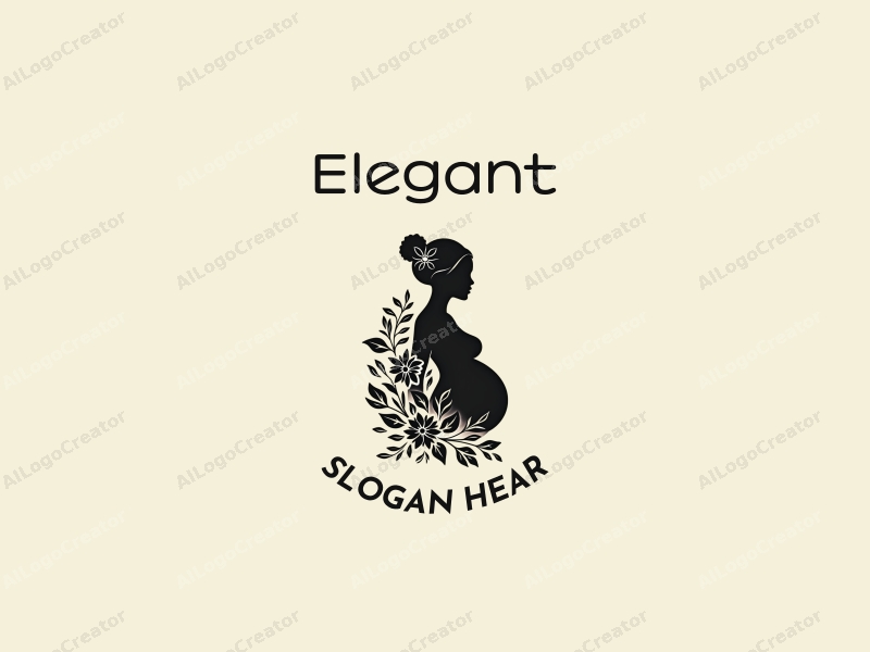 a modern design featuring a stylized silhouette of a pregnant woman intertwined with elegant floral elements, using a black color palette, combined with a clean and minimalistic background.