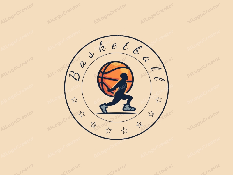 playful design features a stylized basketball, an athlete in motion, and a pair of basketball shoes, combined with a clean background.