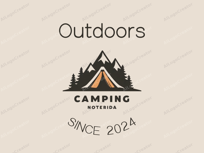 modern design features a stylized camping tent and mountain peak, combined with a clean background and a harmonious composition.