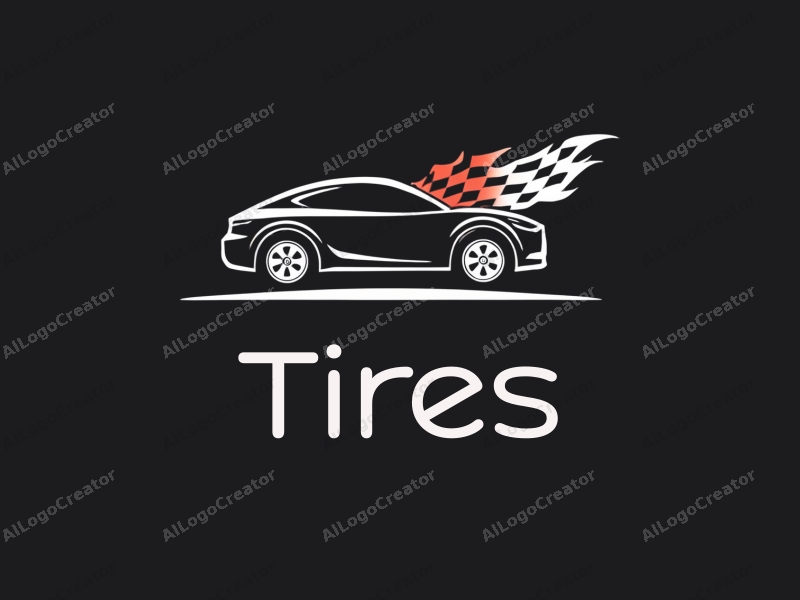 modern design features a stylized tire and car tire silhouette, emphasizing speed with clean lines and a minimalistic approach combined with a solid black background.