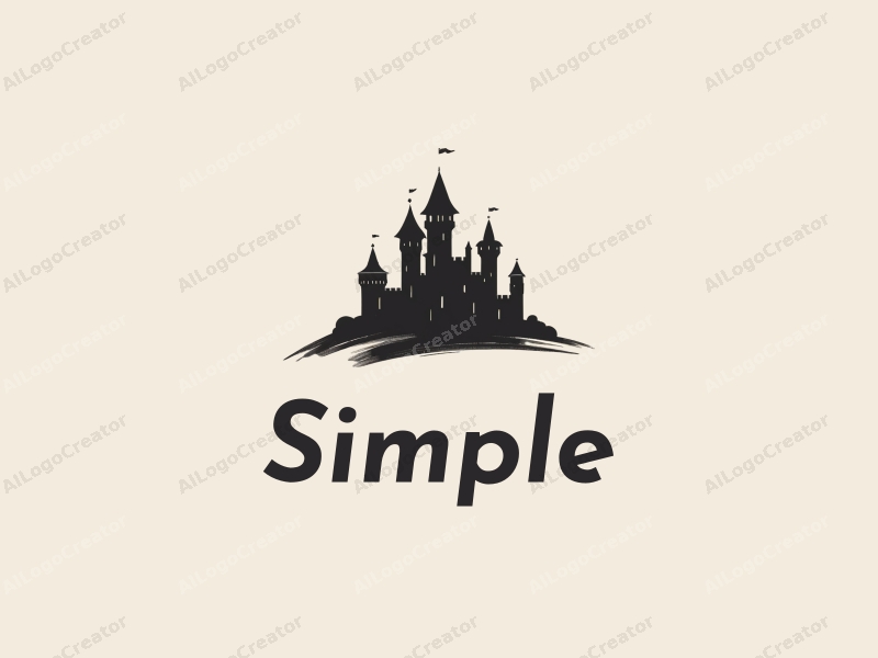 minimalist design features a stylized castle silhouette with elegant brushstroke details, combined with a clean background.