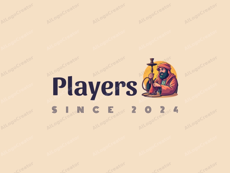 playful design features a vibrant color scheme, a stylized game character interacting with an Arab man holding a hookah, combined with a clean and simple background.