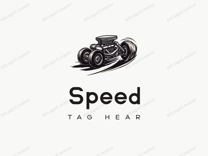 a modern design featuring dynamic lines representing speed, a stylized engine and tire, combined with a clean background to emphasize power and motion.