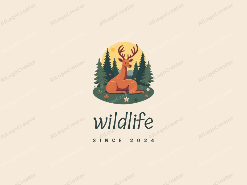 playful design features a stylized deer amidst a vibrant forest, incorporating elements of wildlife and nature, with a clean background and harmonious composition.