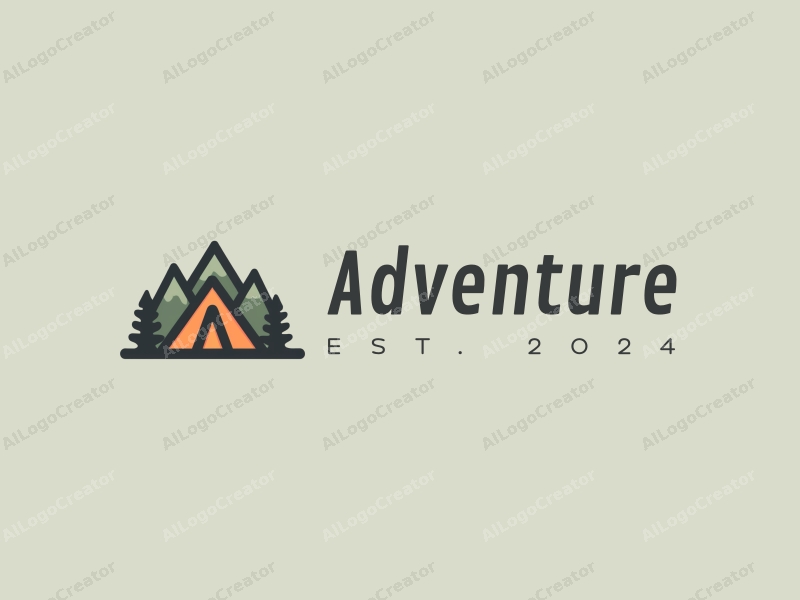 playful design features a stylized tent and mountains, incorporating elements of adventure and exploration with a clean green background.