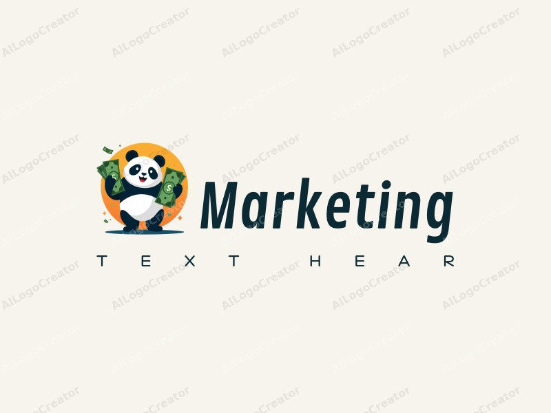 a modern and creative design featuring a stylized panda holding green dollar bills, combined with elements of marketing and advertising, using a minimalist approach with a clean background in blue, green, and orange colors.