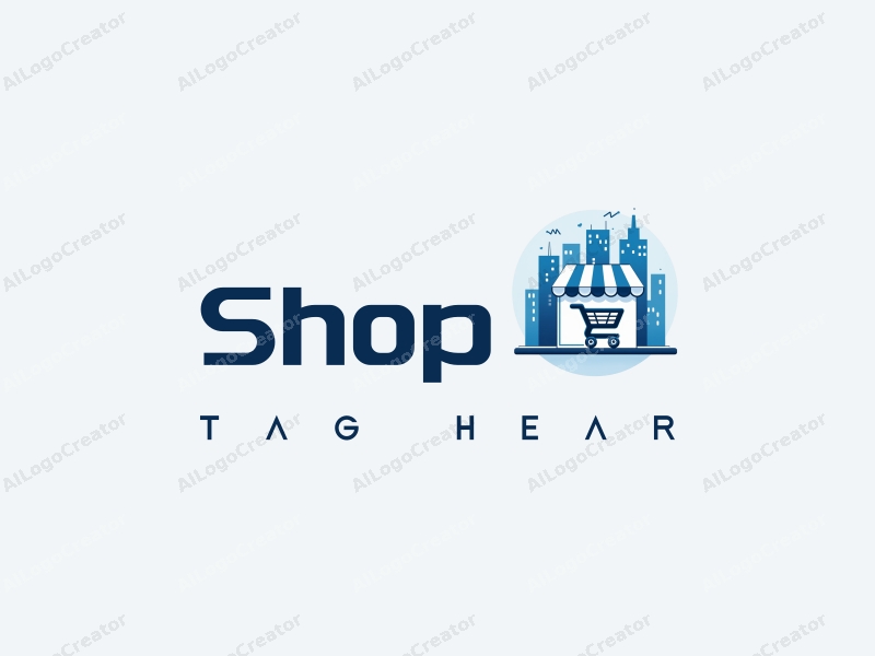 a modern design featuring a stylized shop and shopping cart integrated with a city skyline, using a clean and simple composition with a blue color palette.