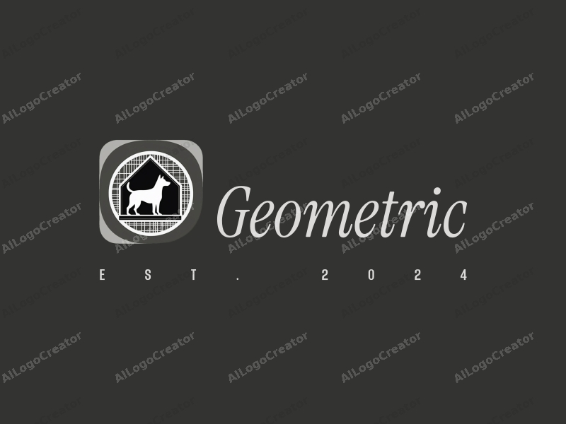 geometric design features a stylized dog silhouette integrated within a square and circle, combined with a badge element, set against a clean black and white background.