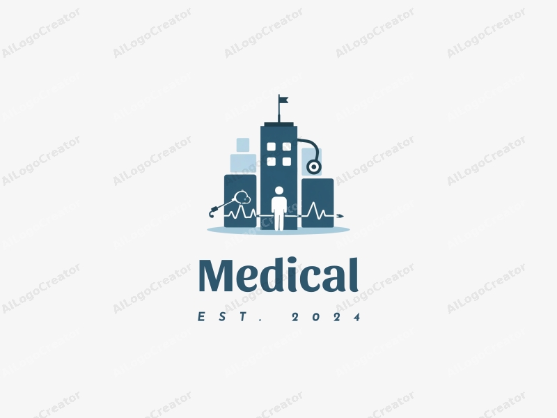 modern design features a stylized hospital silhouette, a doctor figure, and a stethoscope intertwined with a heartbeat line, combined with a clean background.