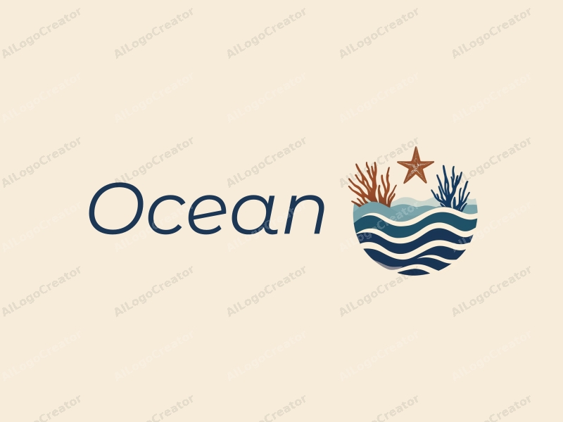 modern design features stylized waves, marine life elements like starfish and coral, combined with a clean background and a harmonious composition.