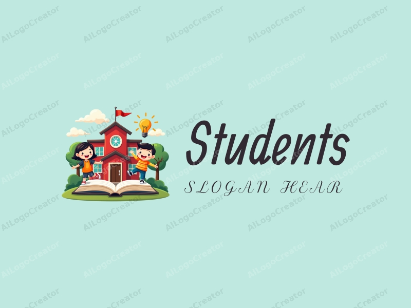 playful design features cheerful students, a stylized school building, open books, and lightbulbs, combined with a vibrant and colorful background.